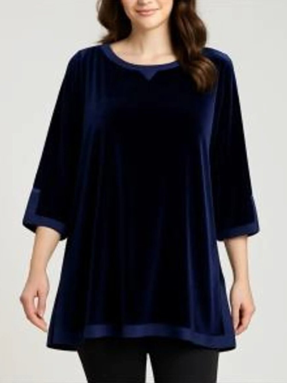 Soft Surroundings Navy Blue Velour A Line Pullover Tunic Top Size XL Satin Trim